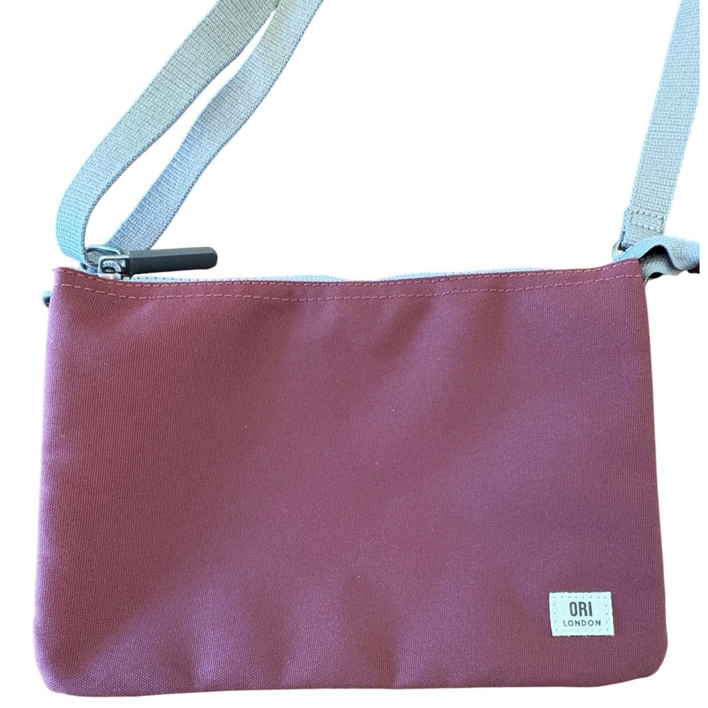 ORI London Crossbody Bag Triple Zip Plum Burgundy Grey Strap Canvas Small
